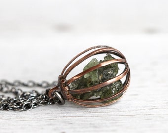 Moldavite Pendant - Vintage Cage Necklace - Mixed Metal Jewelry