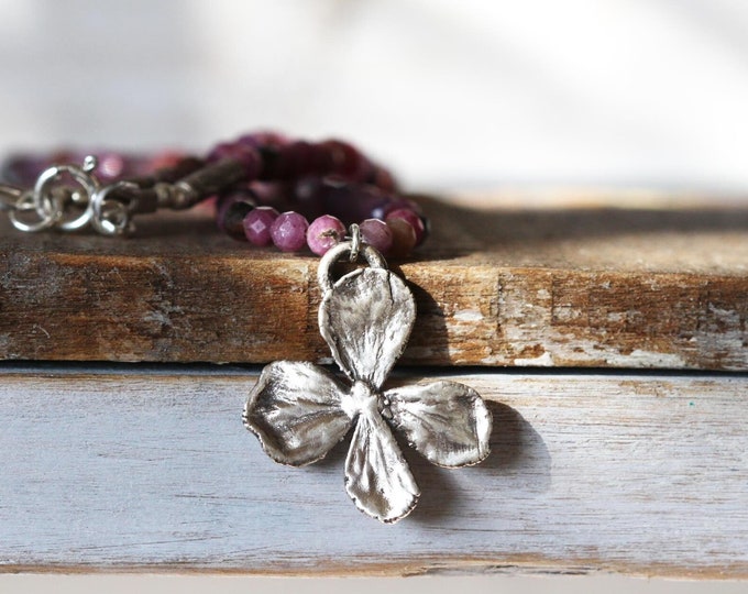 Featured listing image: Beaded Ruby Necklace - Hydrangea Pendant - Botanical Jewelry