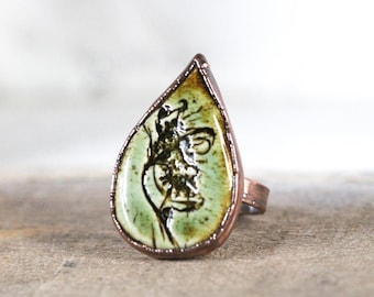 Green Ceramic Ring - Size 9 - Copper Botanical Jewelry - Flower Jewelry