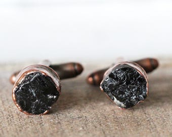 Black Tourmaline Cufflinks - Black Crystal Cuff Links - Gift for Husband
