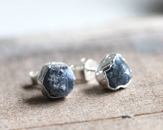Featured listing image: Raw Sapphire Earrings - September Birthstone Jewelry - Sterling Silver Earrings - Rough Stone Studs - Crystal Earrings