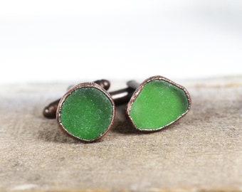 Beach Glass Cufflinks - Gift for Dad - Green Seaglass Cuff Links