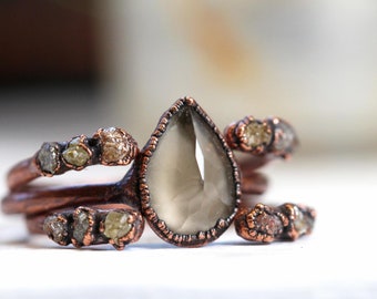 Raw Diamond Wedding Set - Engagement Set - Alternative Wedding Jewelry - Faceted Smoky Quartz Ring