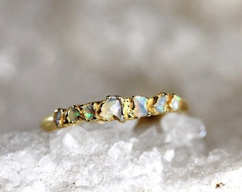 Australian Opal Ring - Multi Stone Ring - Raw Stone Stacking Ring - Yellow Gold