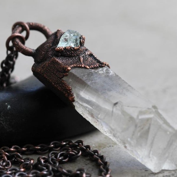 Crystal Necklace Electroformed Copper Large Stone Aquamarine Pendant Crystal Pendant Raw Crystal Mineral Jewelry