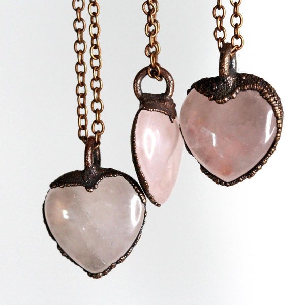 Rose Quartz Necklace - Crystal Heart Pendant - Electroformed Stone