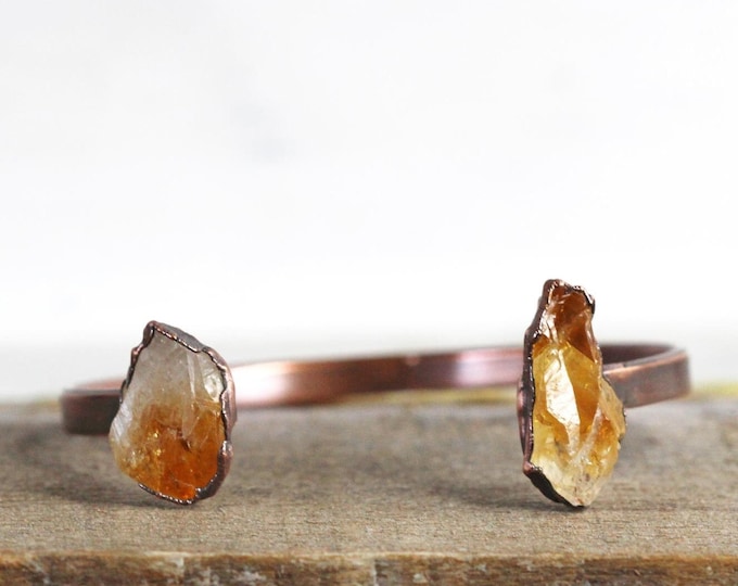 Featured listing image: Citrine Bracelet - Open Copper Cuff - Raw Crystal Bracelet - Double Stone Bracelet