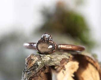 Smoky Quartz Ring - Raw Diamond Jewelry - Faceted Oval Stone