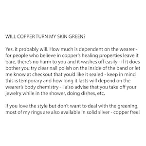May include: Text on a white background reads: "WILL COPPER TURN MY SKIN GREEN?" and answers the question. It explains how copper jewelry can turn skin green and offers solutions like clear nail polish or solid silver options.