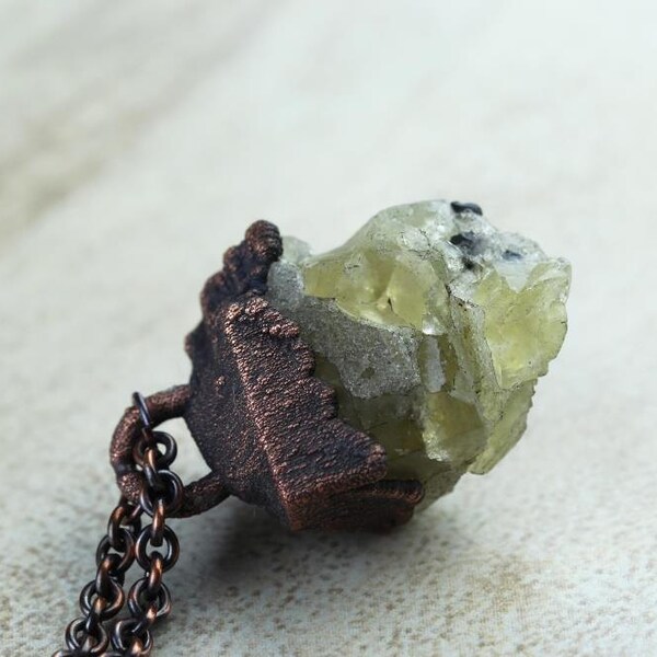 Yellow Fluorite Necklace Electroformed Copper Pendant Fluorite Stone Pendant Raw Stone Thick Chain Large Gemstone