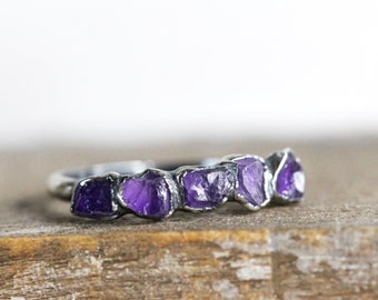 Raw Amethyst Ring - February Birthstone Ring - Multi Stone Stone Ring