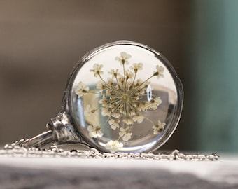 Queen Anne's Lace Necklace - Bridesmaid Gift - Flower Terrarium Pendant - Spring Jewelry