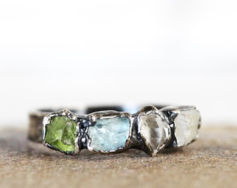 Raw Birthstone Ring - Personalized Gift for Mom - Multi Stone Crystal Ring - Mother's Day Ring