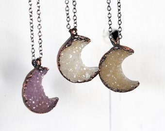 Half Moon Necklace - Drusy Crescent Moon Pendant - Half Moon Jewelry