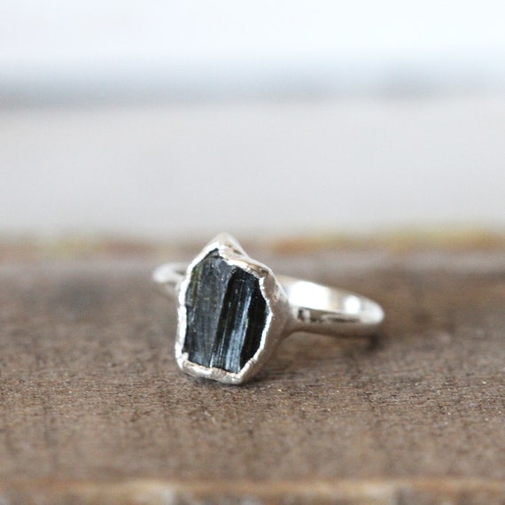 Raw Green Tourmaline Ring - Size 7 1/2 - Pure Silver Stacker