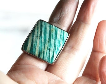 Amazonite Ring - Size 8 1/2 - Square Cabochon - Electroformed Jewelry