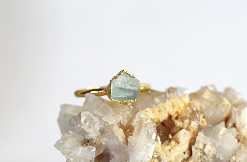 Raw Aquamarine Ring Electroformed Jewelry Rose Gold Plated gold plate on silver