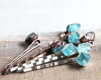 Enameled copper OOAK hair pins with Apatite stones Blue Apatite Copper Hair Pins: Crystal Updo Bobby Pins - Etsy main image 4