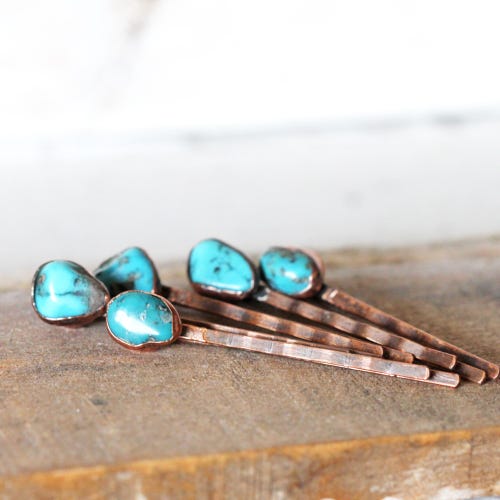 Stone Bobby Pin - Turquoise Hair Pin - Copper Hair Jewelry  display picture 1