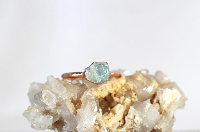 Raw Aquamarine Ring Electroformed Jewelry Rose Gold Plated rose gold on silver