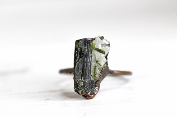 Copper Electroformed Green Tourmaline Crystal Ring size 6