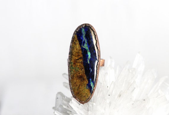 Azurite Malachite Ring - Size 6 1/2 - Natural Stone Ring - Mineral Ring - Oval Copper Ring