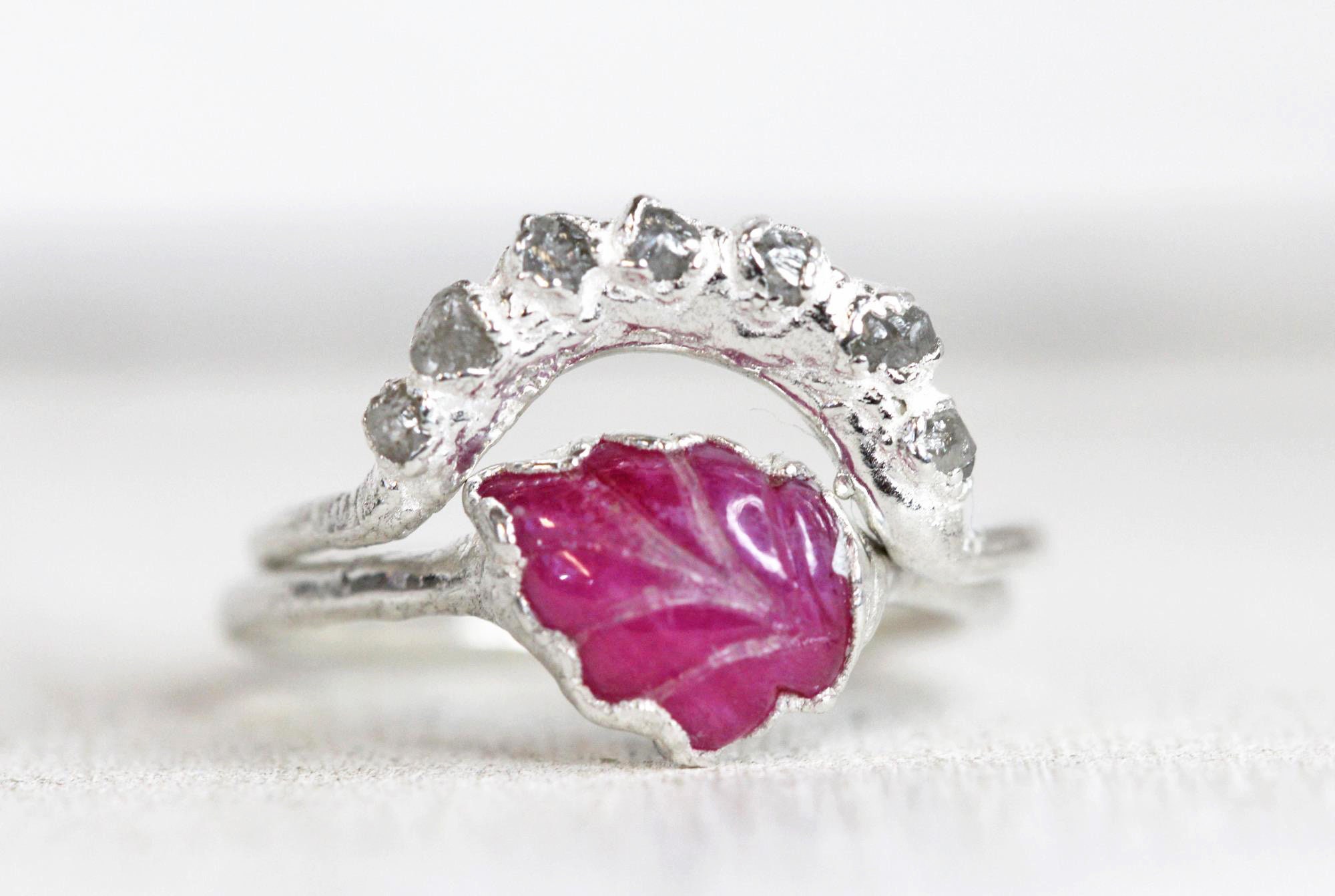 Wedding Ring Set - Size 8 - Ruby Engagement Rings - Raw Diamond Wedding