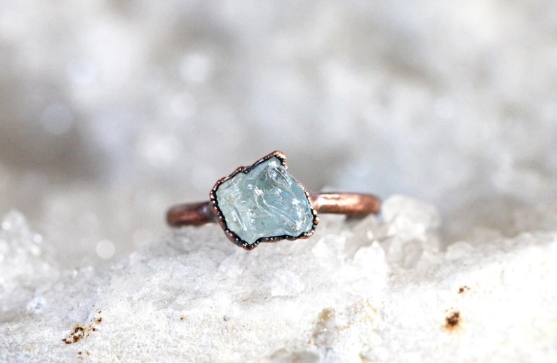 Raw Aquamarine Ring Electroformed Jewelry Rose Gold Plated image 1