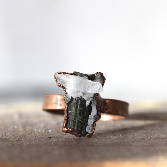 Green Tourmaline Ring - Electroformed Crystal Ring - Tourmaline in Quartz