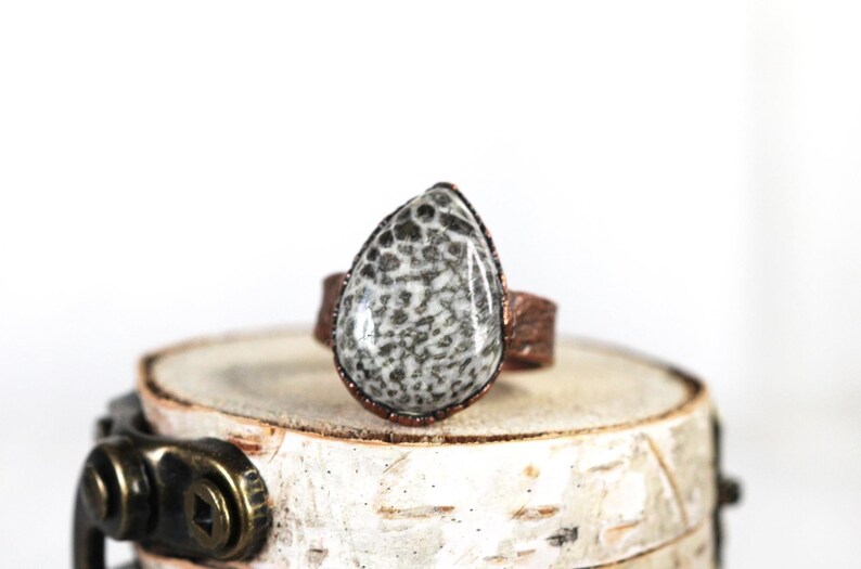 May include: A teardrop-shaped ring with a fossilized stone set in a copper band. The stone is white with black markings.