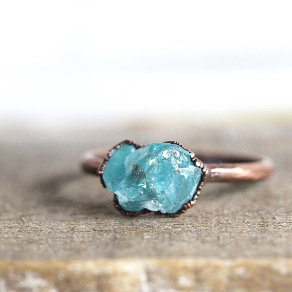 Raw Blue Apatite Ring - Raw Crystal Ring - Yellow Gold - Rose Gold