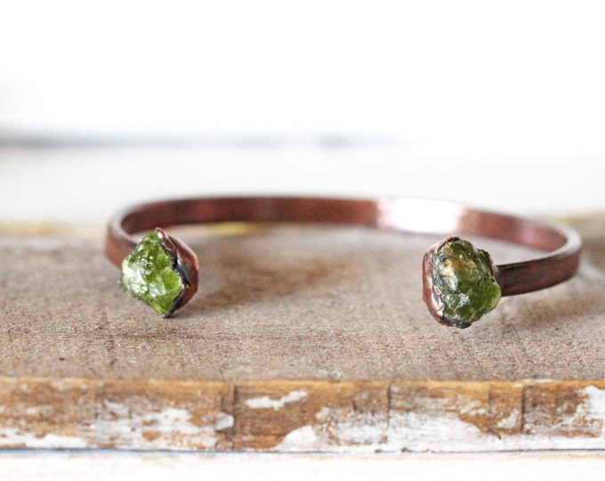 Featured listing image: Raw Peridot Bracelet - August Birthstone - Open Copper Cuff - Raw Crystal Bracelet - Double Stone Bracelet