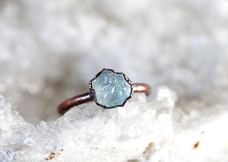 Raw Aquamarine Ring Electroformed Jewelry Rose Gold Plated solid copper