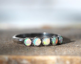 Australian Opal Ring - Multi Stone Stacking Ring - October Birthstone