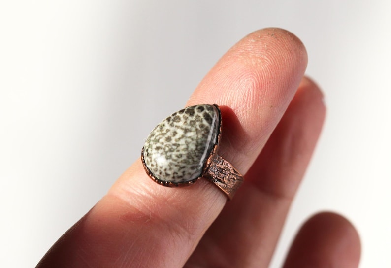 May include: A copper ring with a teardrop-shaped grey and white fossilized stone.