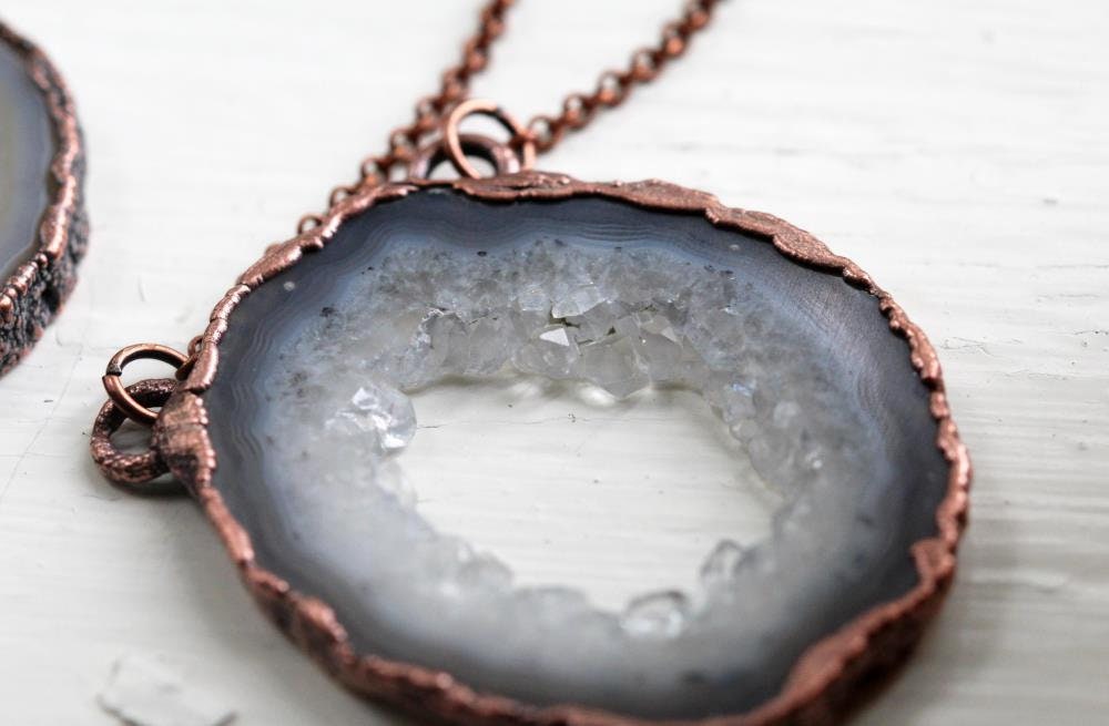 Druzy Geode Necklace - Geode Slice Pendant- Electroformed Stone Jewelry