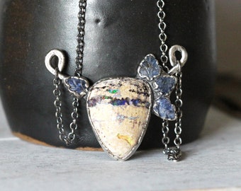 Mexican Opal Necklace - Sapphire Pendant - Carved Stone Jewelry