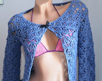 Blue Summer Fishnet Blouse - Blue Cardigan Sweater - Handmade Crochet