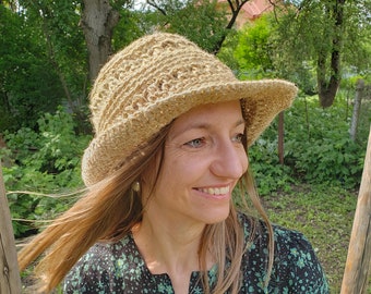 Crocheted Summer Hat - Jute Beach Hat - Handmade Fedora Hat