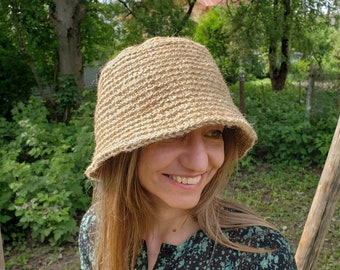 Gehäkelte Sommermütze - Jute Strandhut - Handgemachte Fedora Mütze