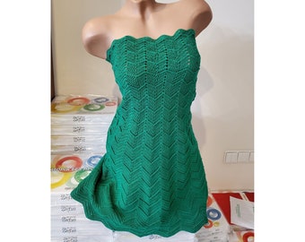 Green Summer Sleeveless Dress - Shoulder Less - Crocheted Handmade