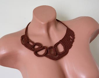 Brown Boho Choker, Delicate Choker, Crochet Collier, Victorian Necklace, Hipster Collar, Statement Jewelry, Handmade Choker