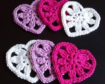 Pink-Violet-White Handmade Crocheted Hearts (appliqués) 6 pcs set