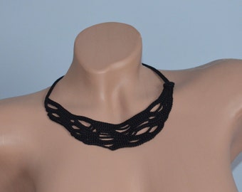Black Crochet Choker Necklace, Handmade Cotton Collar, Boho Jewelry
