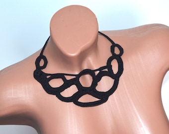 Black Crochet Choker, Cotton Statement Necklace, Handmade Collar