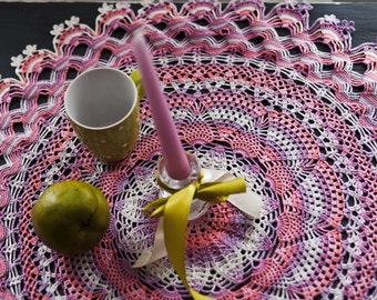 23" / 59 cm - Pink Floral Doily - Crocheted Handmade - Home Decor