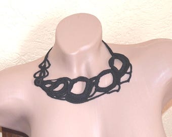 Black Crochet Choker, Boho Cotton Collar, Handmade Statement Jewelry