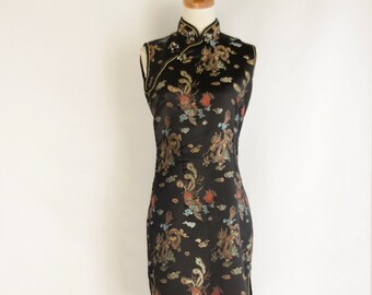 90s Black cheongsam dress. Black Chinese dress. Cheongsam summer dress. Black Asian dress. Vintage cheongsam dress. 90s Oriental dress