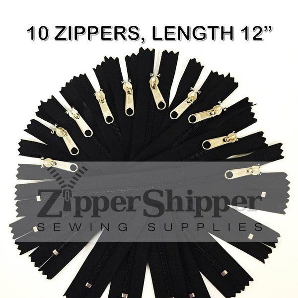 12" BLACK Zippers For Handbags (30.5 cm), Nylon Coil W/ Long Silver Pulls, #3 Lightweight, Closed End, Wholesale Lot of 10 Pieces