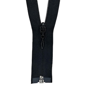 May include: A black zipper with a black slider and silver pull tabs.